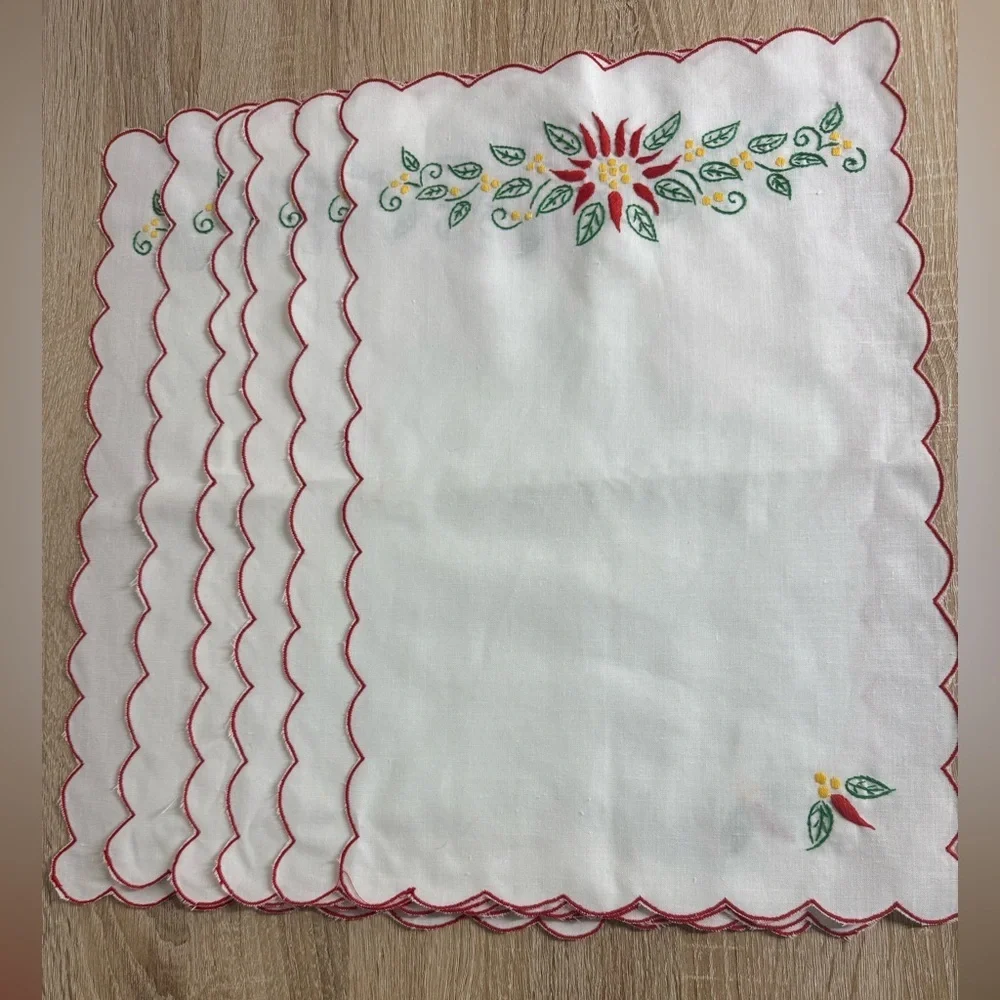 Vintage Lot Of 6 Embroidered Floral Handkerchief Napkin Red Scalloped Trim White